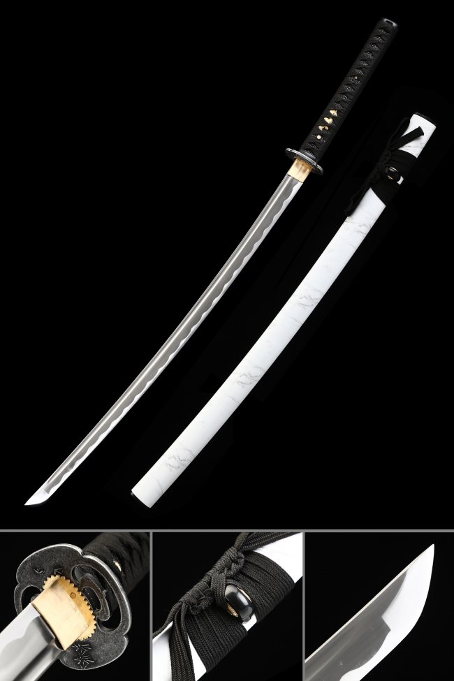 1060 Carbon Steel Katana with White Lacquer Saya - Black Tsuka, Chrysanthemum Tsuba