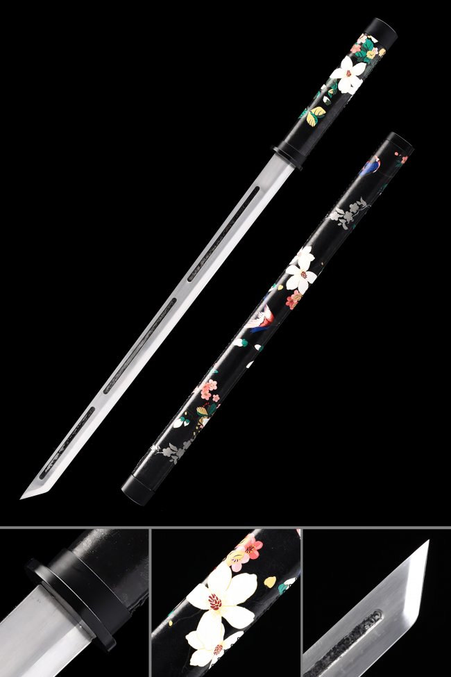 Manganese Steel Shirasaya Sword with Floral Black Lacquer Saya - Full Tang Straight Blade