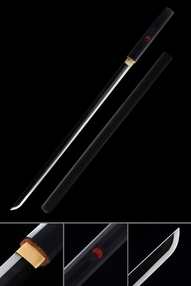 Sasuke Uchiha Sword 1045 Carbon Steel Straight Blade with Black Matte Saya and Uchiha Clan Crest