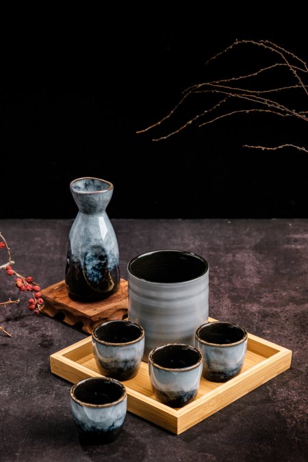 Japanese Ceramic Sake Set, 1 Bottle And 5 Cups With Bamboo Tray