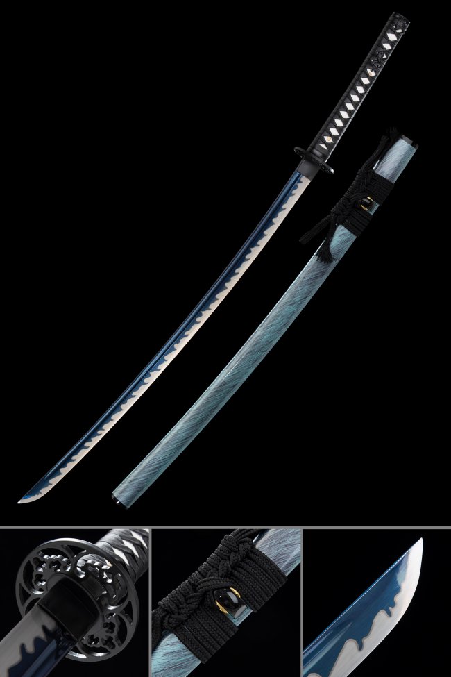 Ornate Scroll Tsuba Manganese Steel Katana, Full Tang, Handmade & Blue Saya