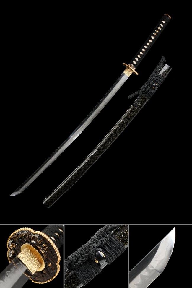 T10 Carbon Steel Katana with Hamon, Gold Chrysanthemum Tsuba - Black Koshirae