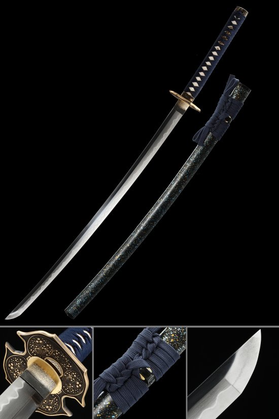T10 Steel Katana with Real Hamon, Blue Ito & Gold-Black Chrysanthemum Tsuba - Marble Saya