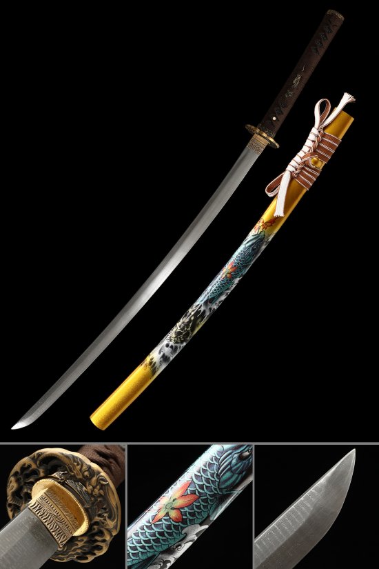 Damascus Steel Katana with Gold Koi Saya - Dragon Tsuba, Brown Ito, Full Tang Blade