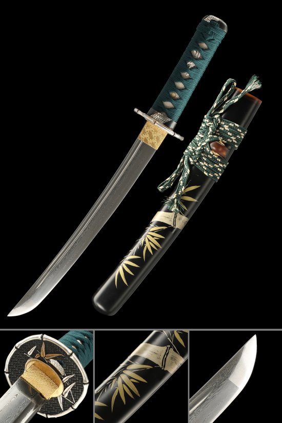 Damascus Steel Tanto with Bamboo Saya in Teal Cord Wrap and Gold Copper Tsuba