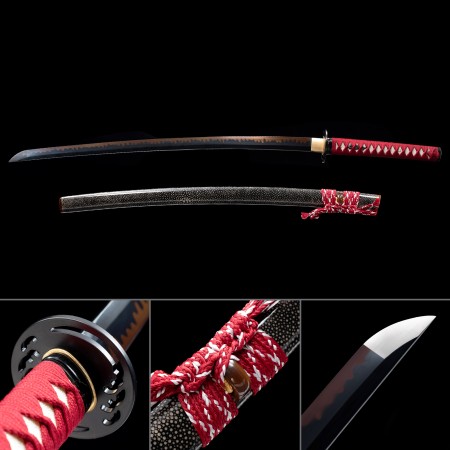 High-performance Sharp Katana Sword T10 Folded Clay Tempered Steel With Dark Red Blade
