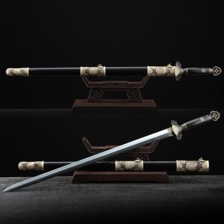 Handmade Black Copper Lotus Theme Damascus Steel Real Chinese Swords