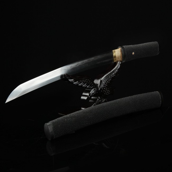 Damascus Steel Tanto with Black Rayskin Saya and Eagle Tsuba - Aikuchi Full Tang
