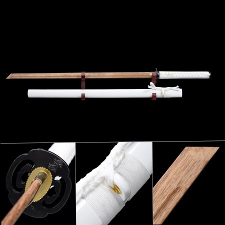 Handmade Natural Wooden Straight Blade Unsharpened Ninjato Swords With White Scabbard And Iron Tsuba