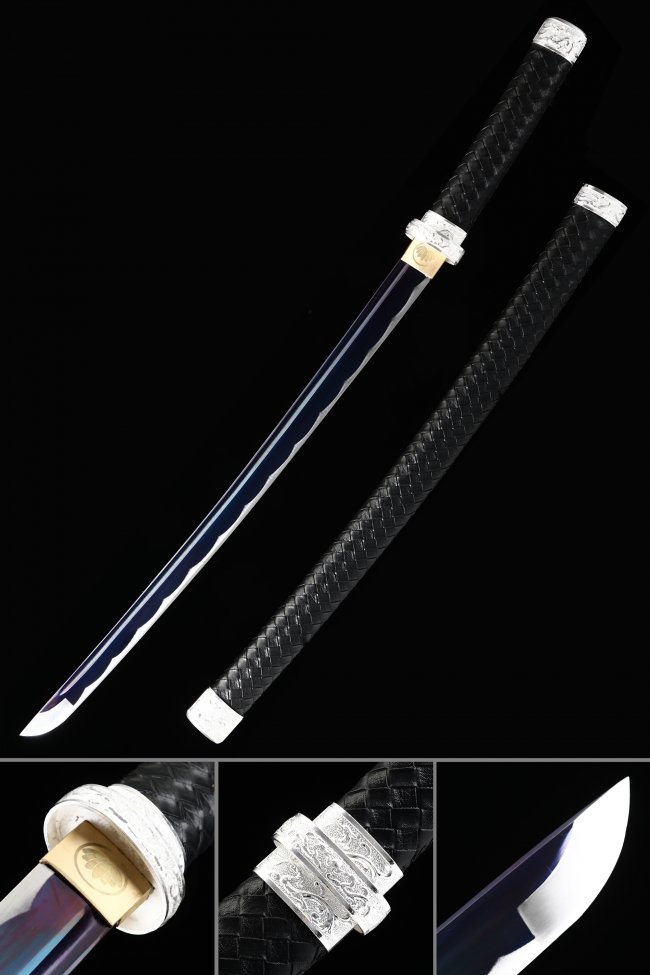 Manganese Steel Wakizashi with Rainbow Blue Blade in Black Leather-Wrapped Saya with Silver Alloy Fittings