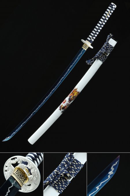 Handmade Blue And White Katana Sword High Manganese Steel With Blue Blade And White Scabbard
