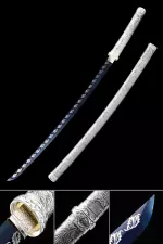 Handmade Japanese Katana Sword With Blue Blade And Silver Scabbard