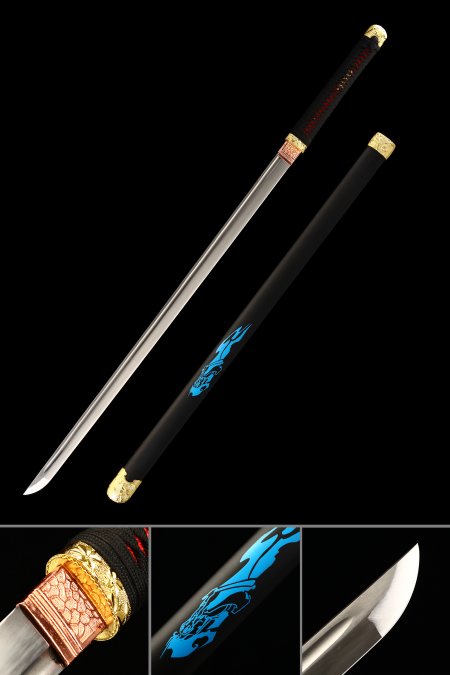 Handmade Manganese Steel No Guard Ninjato Sword With Blackwood Saya And Gold Alloy Fittings
