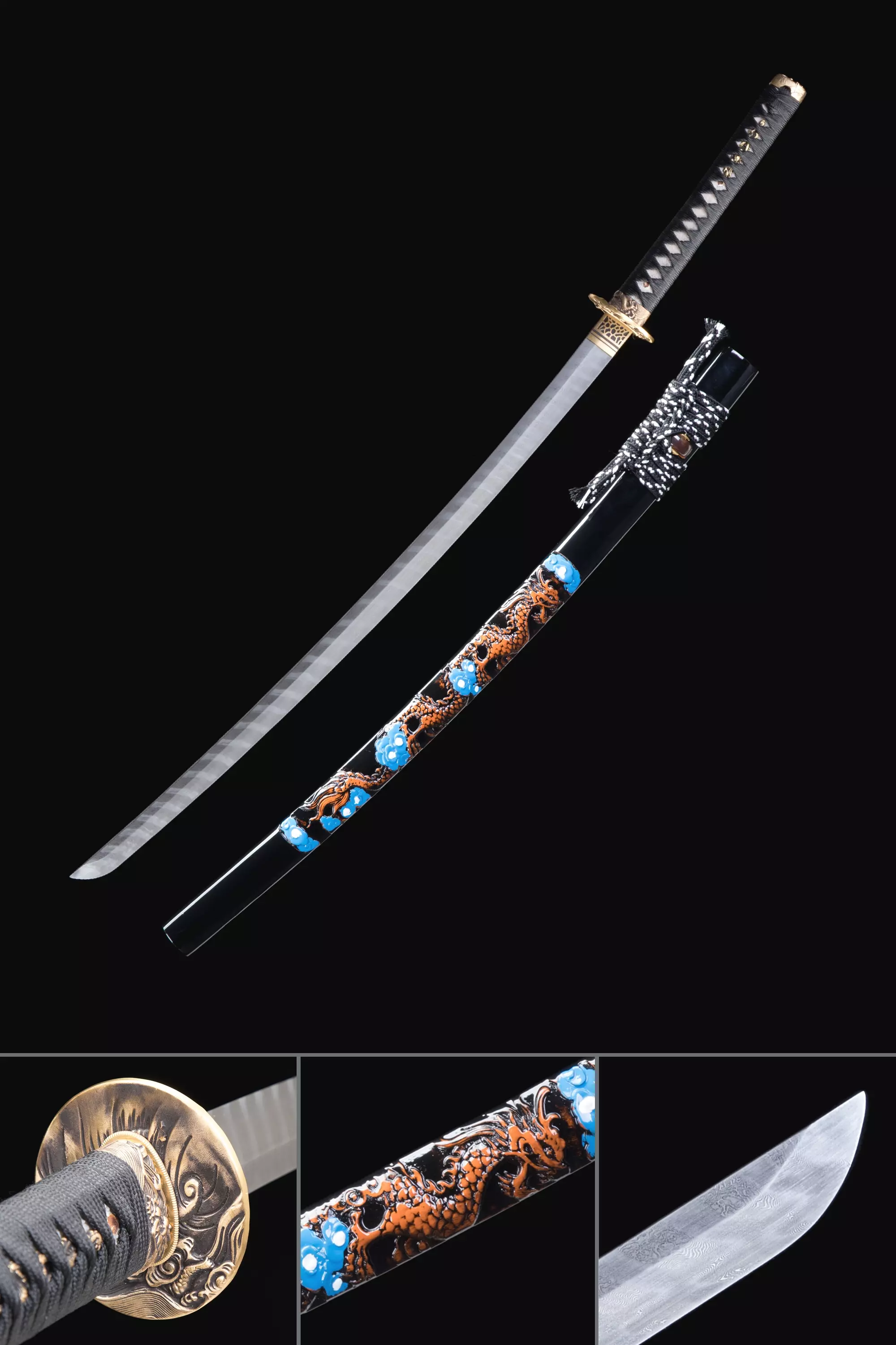 Razor Sharp Katana | Damascus Steel Katana with Dragon Saya in Black ...