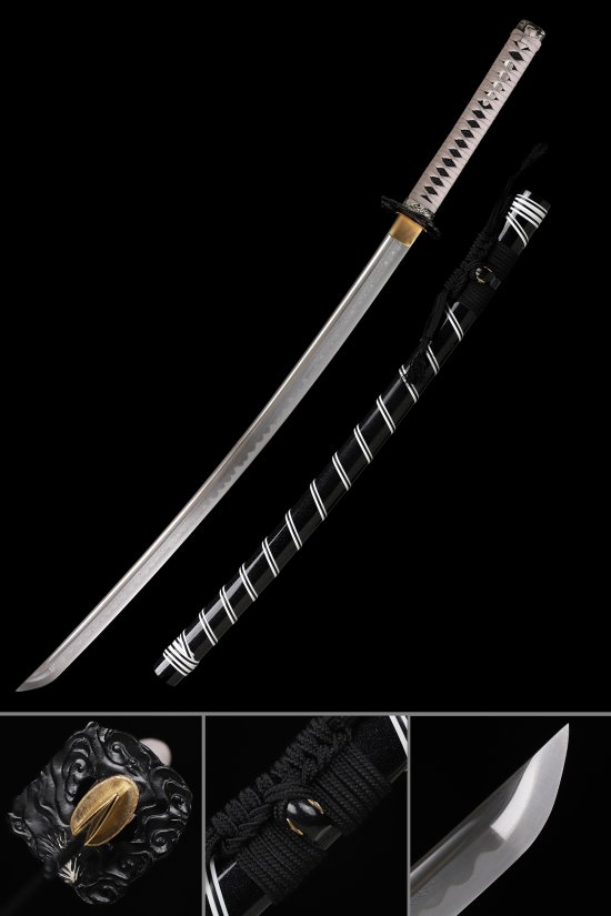 Folded Melaleuca Steel Katana with Hamon Blade in Black & White Koshirae