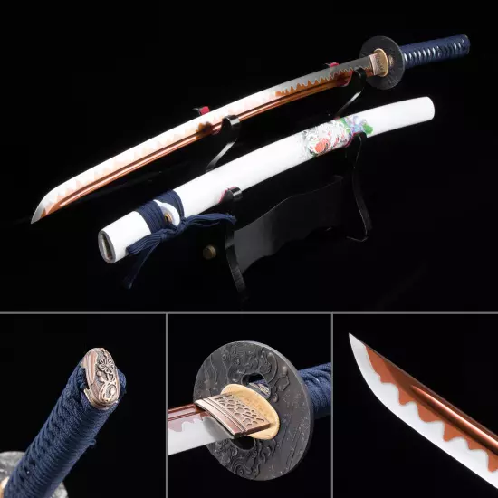 Handmade Japanese Katana Sword High Manganese Steel With Red Blade And White Scabbard