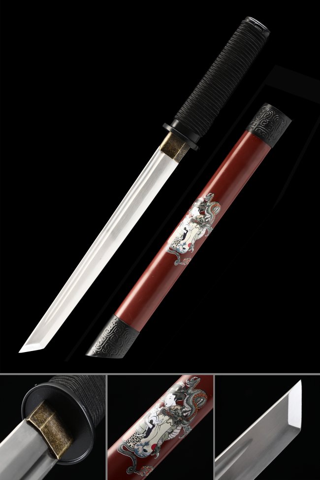 High Manganese Steel Tanto with Red Lacquer Saya - Dragon Artwork, Black Cord Handle