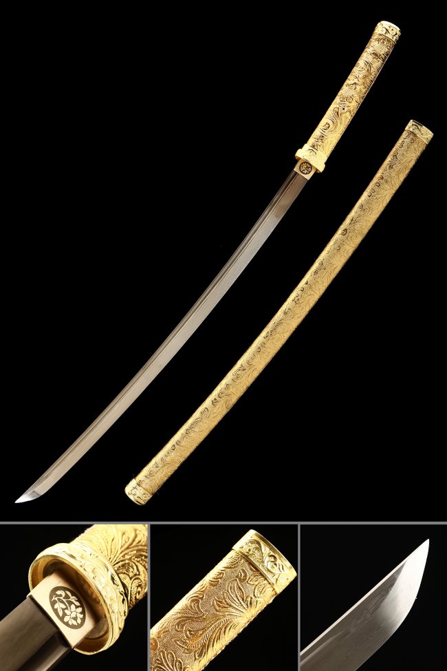 Golden Damascus Steel Katana with Engraved Gold PU Leather Saya and Cherry Blossom Kashira