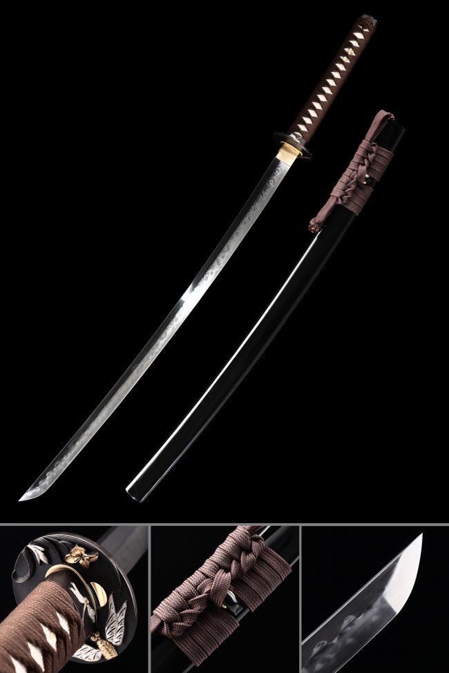 T10 Folded Clay Tempered Katana with Real Hamon in Black Piano Lacquer Saya - Brown Ito Snake Tsuba