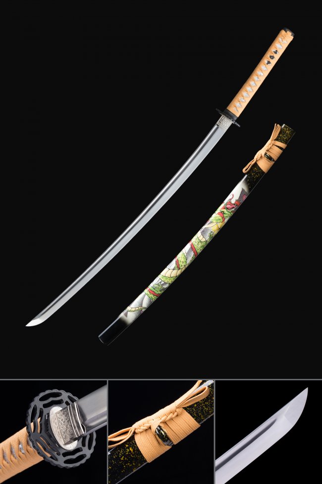Manganese Steel Katana with Dragon-Painted Saya in Beige Tsuka - Nihonto Replica