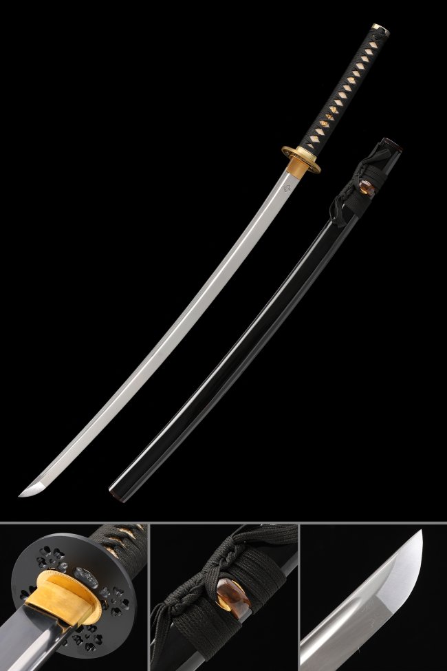 Spring Steel Black Katana with Gold Tsuba - Piano Lacquer Saya, Black Cord Handle