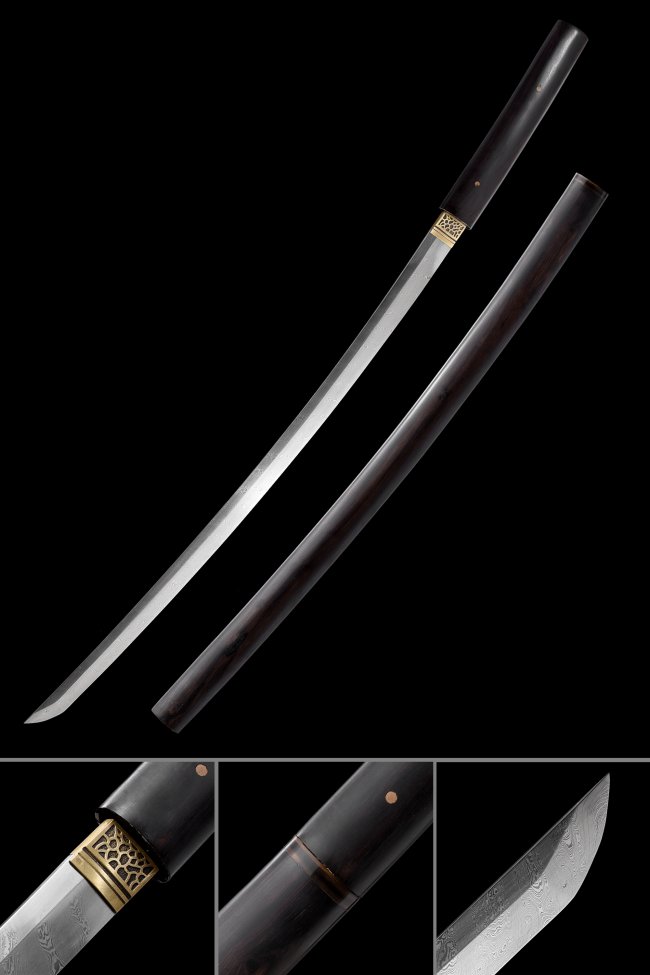 Damascus Steel Shirasaya Katana with Dark Red Lacquered Saya and Gold Geometric Tsuba