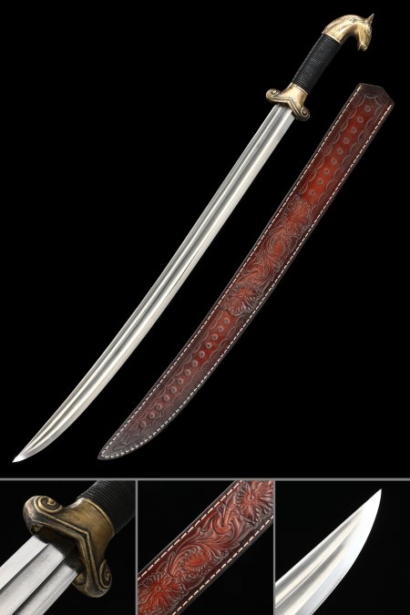 Hand-forged Damascus Steel Fantasy Sword With Brown Pu Leather Scabbard And Copper Guard