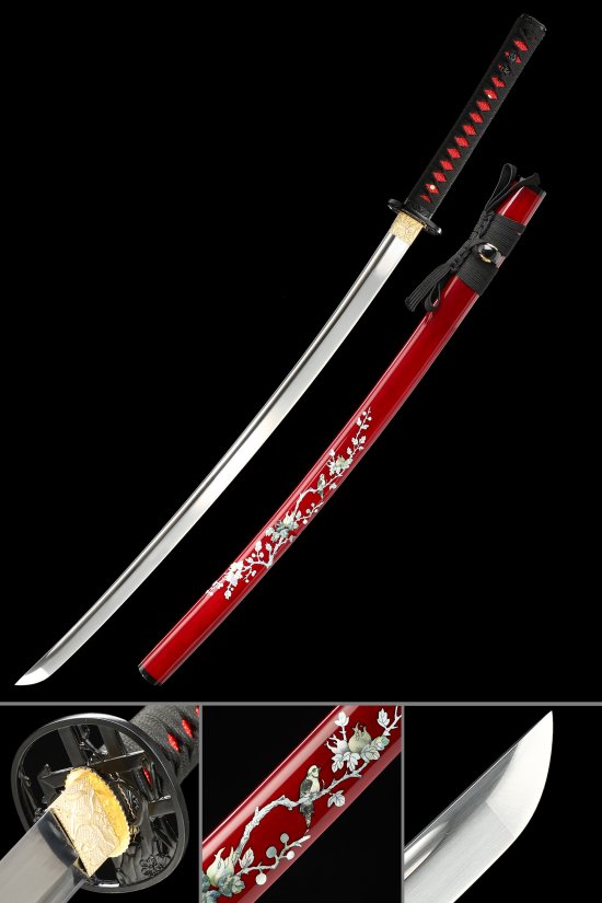 Red Katana 1095 Carbon Steel Full Tang Blade with Hand-Painted Floral Lacquer Saya, Black-Red Ito
