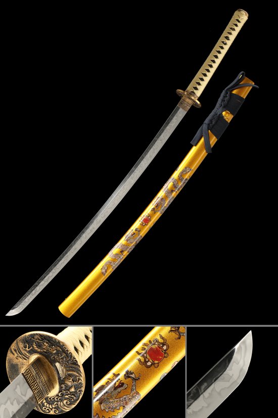 T10 Carbon Steel Katana with Gold Dragon Saya - Hamon Blade, Bronze Tsuba, Beige Handle