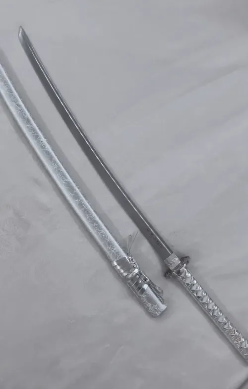 1065 Carbon Steel Full Tang Katana with Silver Saya, Floral Alloy Tsuba and White Cord Handle
