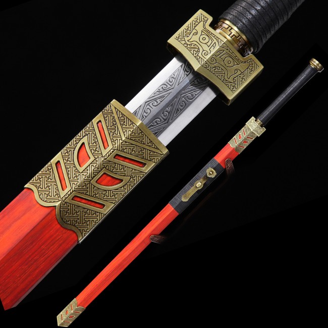 Han Dynasty Jian - Manganese Steel Double Edged Chinese Sword With Red Rosewood Scabbard & Alloy Fittings