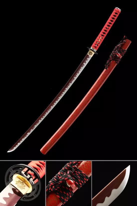 Handmade Japanese Katana Sword With Crimson Red Blade And Scabbard