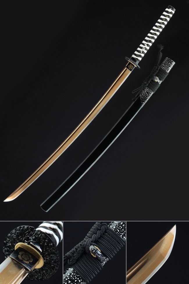 1060 Carbon Steel Katana with Golden Blade - Black Lacquer Saya, Flower Tsuba, Black-White Tsuka