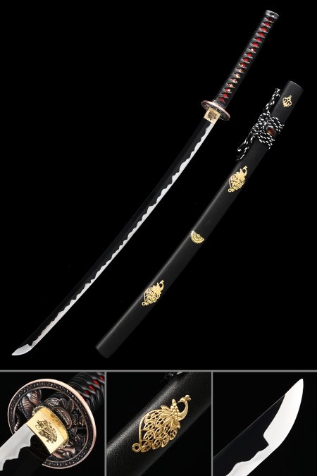 Handmade Japanese Katana Sword With Black Blade And Tiger Tsuba