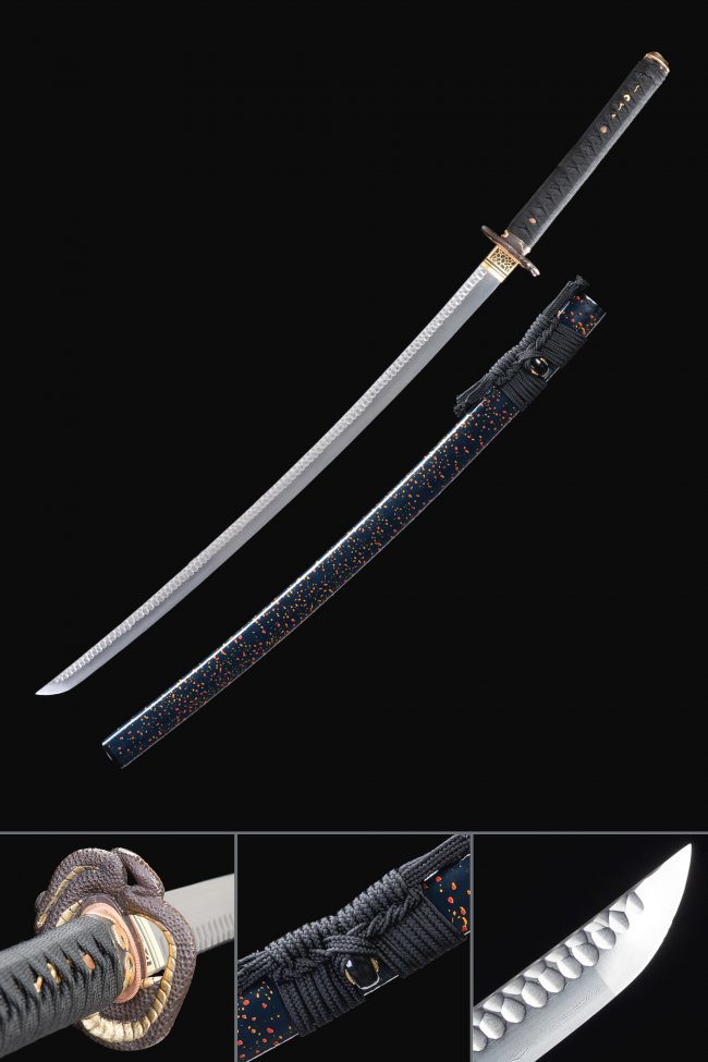 Folded Damascus Steel Katana with Dark Blue Splatter Lacquer Saya in Gray Ito