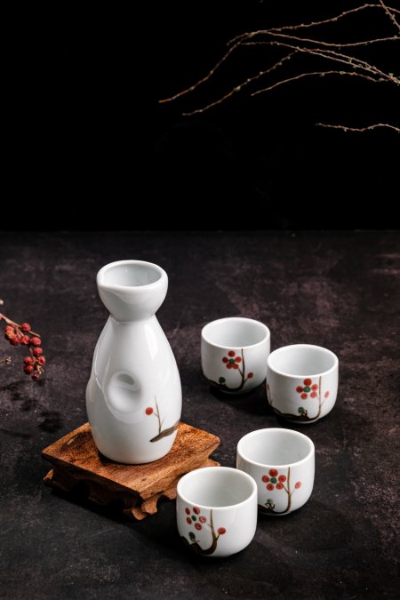 Japanese Porcelain Sake Set, 1 Sake Bottle And 4 Sake Cups