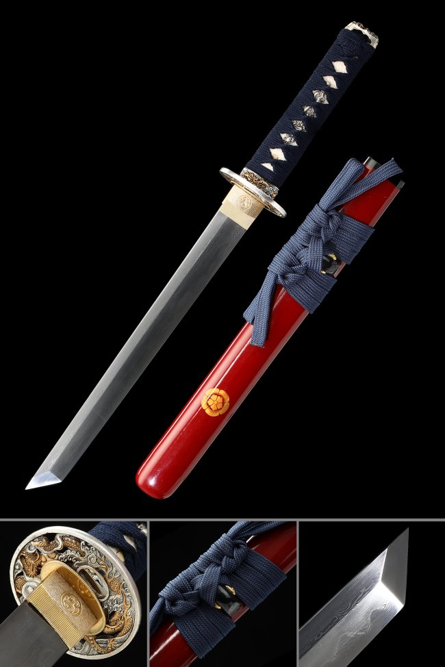 Damascus Steel Tanto with Red Lacquer Saya - Dragon Tsuba, Dark Blue Ito, Real Hamon
