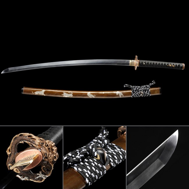 Damascus Steel Katana with Gold Dragon Tsuba - Brown Tiger Saya, Black Cord Handle, Full Tang