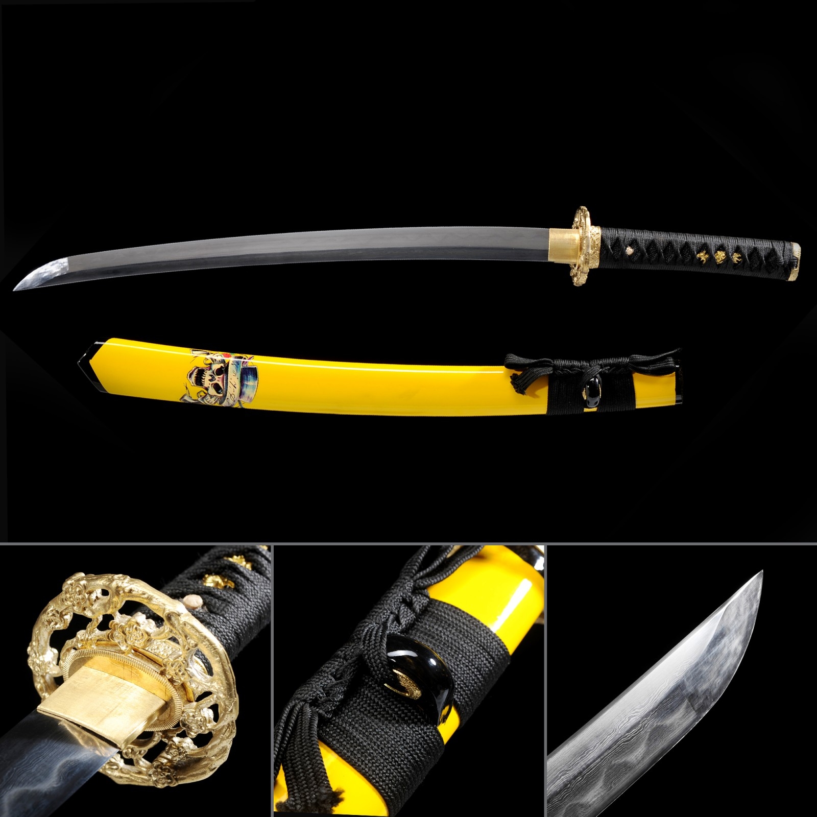 Short Katana, Handmade Wakizashi Sword Damascus Steel With Yellow