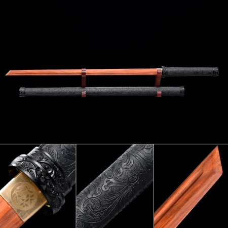 Handmade Rosewood Straight Blade Unsharpened Chokuto Ninjato Ninja Sword With Black Leather Scabbard