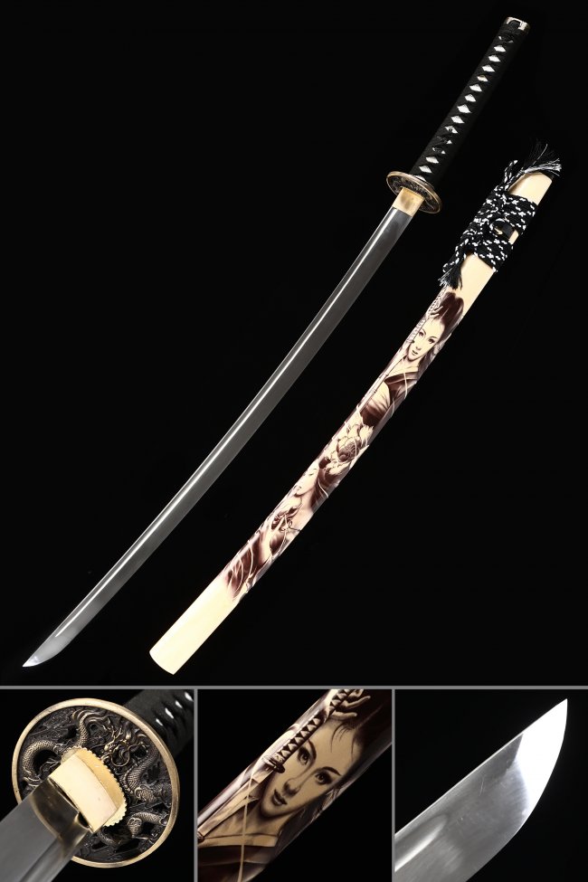 Dragon Tsuba Manganese Steel Katana, Full Tang, Handmade & Beige Saya