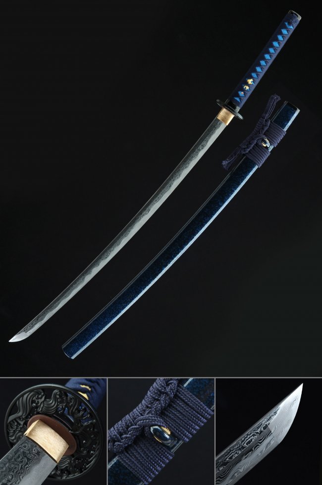 Damascus Steel Katana with Dragon Engraving - Blue Ito, Dark Blue Lacquer Saya, Wave Tsuba