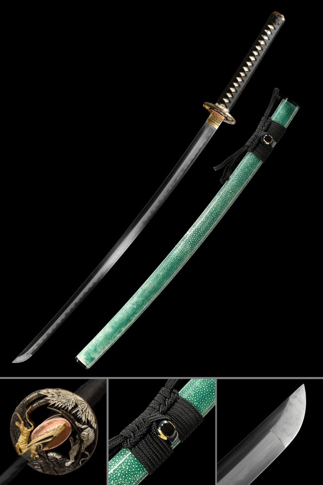 Damascus Steel Katana with Real Hamon in Green Rayskin Saya - Bronze Crane Tsuba, Black Cord Handle