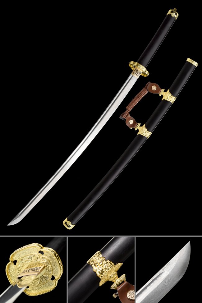 Damascus Steel Tachi Sword with Black Lacquer Saya - Gold Chrysanthemum Tsuba, Brown Sageo