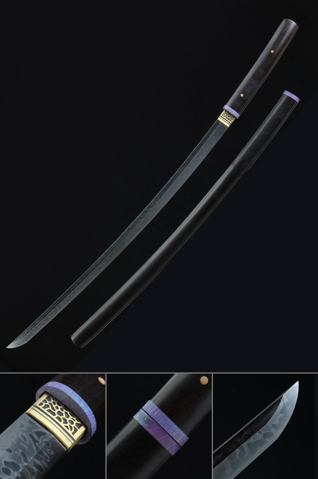 T10 Carbon Steel Clay Tempered Shirasaya Katana with Real Hamon in Black Hardwood Saya