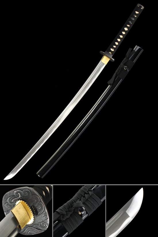 1045 Carbon Steel Katana with Wave Tsuba - Black Saya & Black Cord Handle