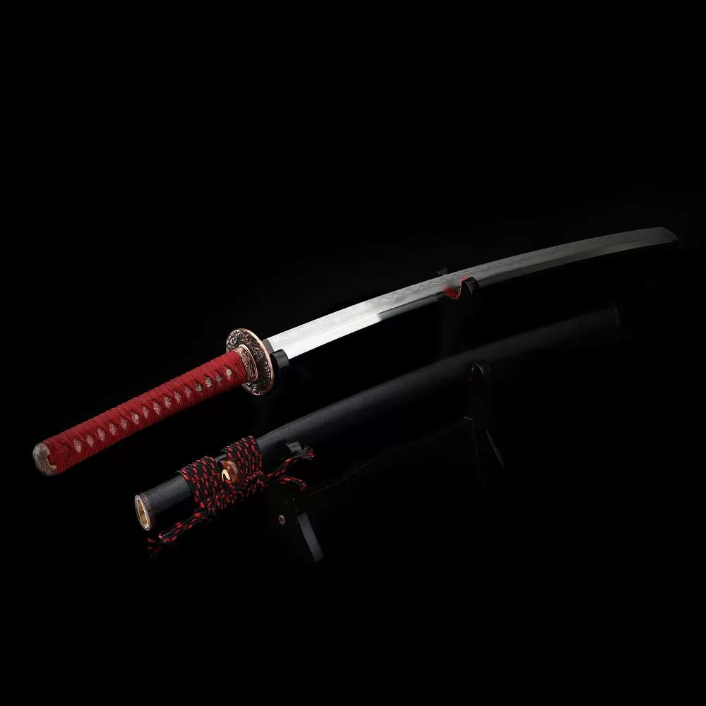 Authentic Katana | Damascus Steel Katana with Wave Tsuba - Red Ito