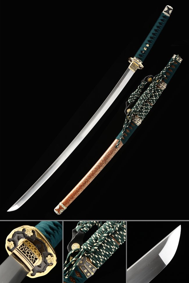 Tachi Sword High Manganese Steel with Orange Lacquer Saya - Teal Ito & Gold-Black Chrysanthemum Tsuba