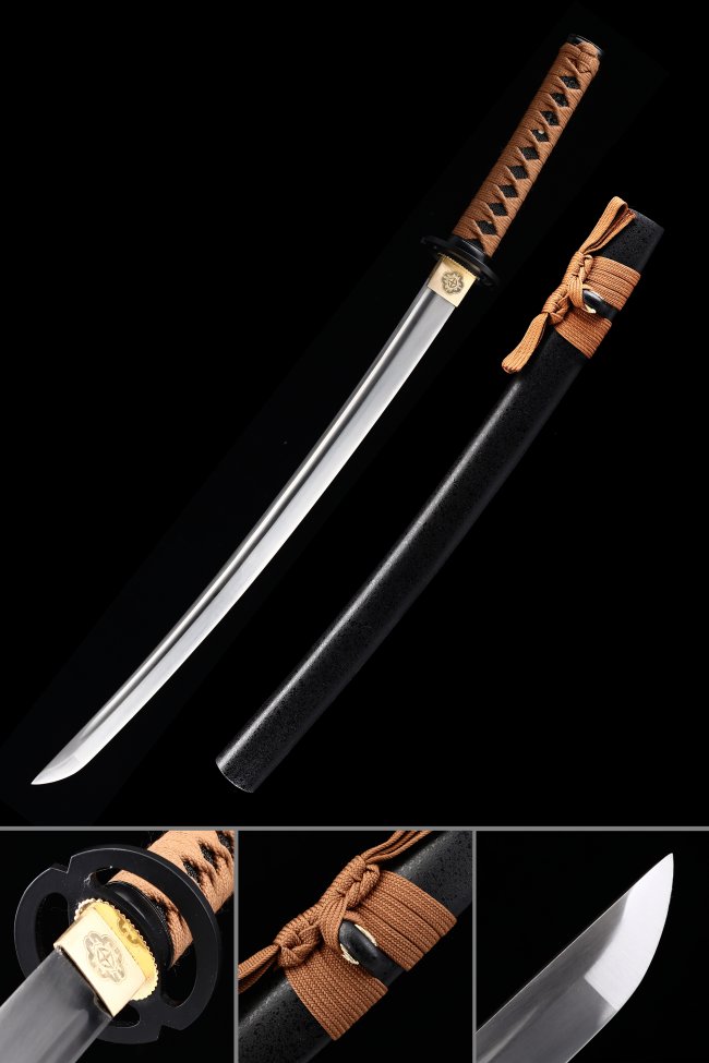 High Manganese Steel Wakizashi with Black Lacquer Saya - Full Tang, Brown Cord Handle, Gold Tsuba