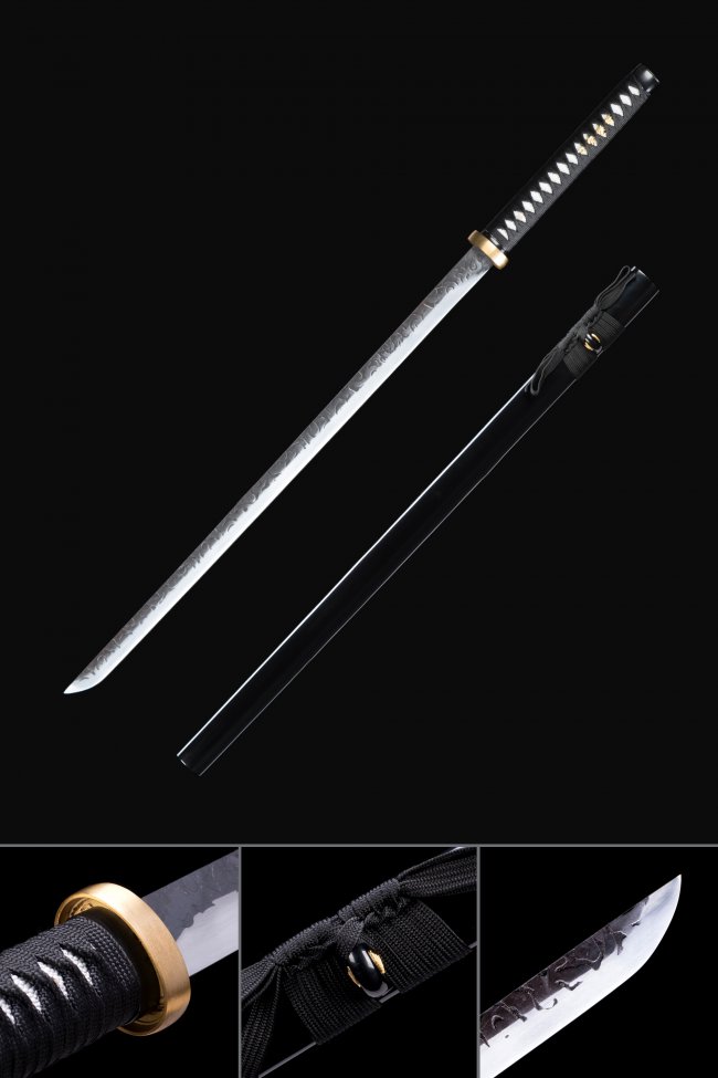 Ninjato Replica in Stainless Steel with Dragon Engraving, Gold Tsuba & Black Lacquer Saya